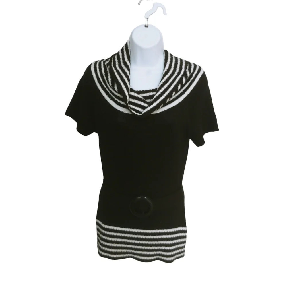 Digital Clothing Cowl Knit Top Black White with  Belt M
